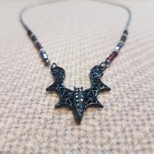 Black & Wine Red Beaded Gothic Bat Necklace